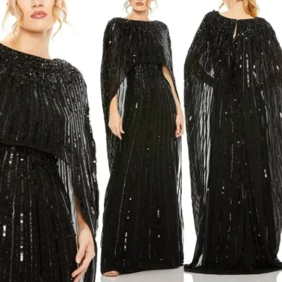 MAC DUGGAL 93869 EMBELLISHED BEADED COLUMN CAPE BLACK GOWN sz 14 - Picture 1 of 7